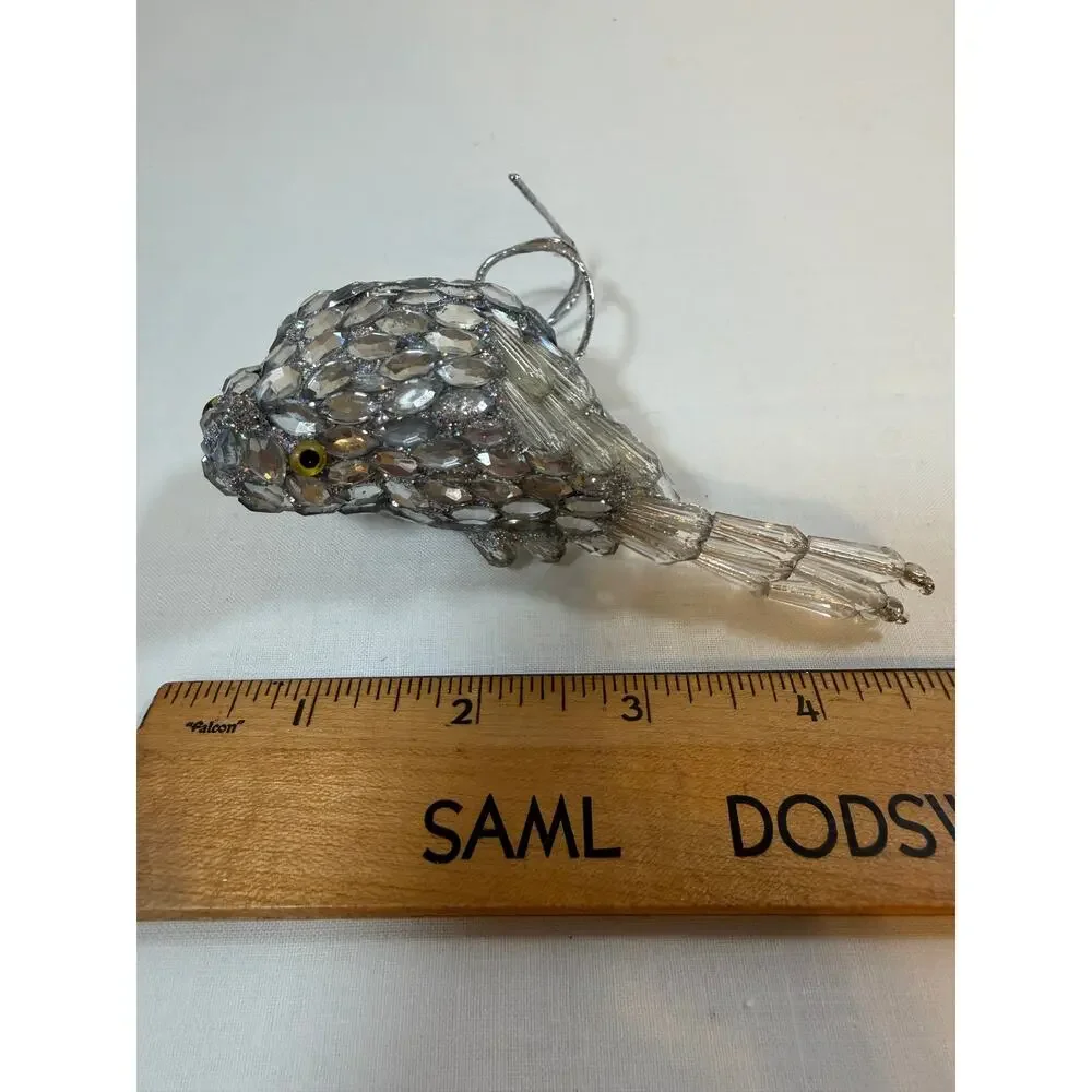 Lot of 4 Bird Christmas Ornaments Glitter Cardinal Jeweled Silver Nest